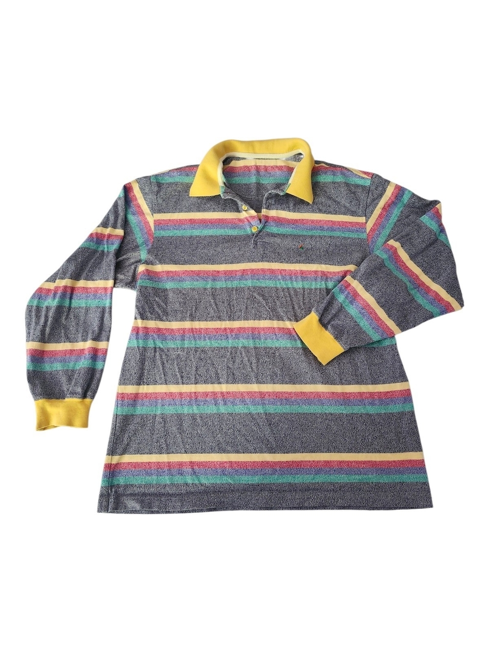 Vintage 80s Inspired Soft Striped Long Sleeve Polo with Yellow Collar